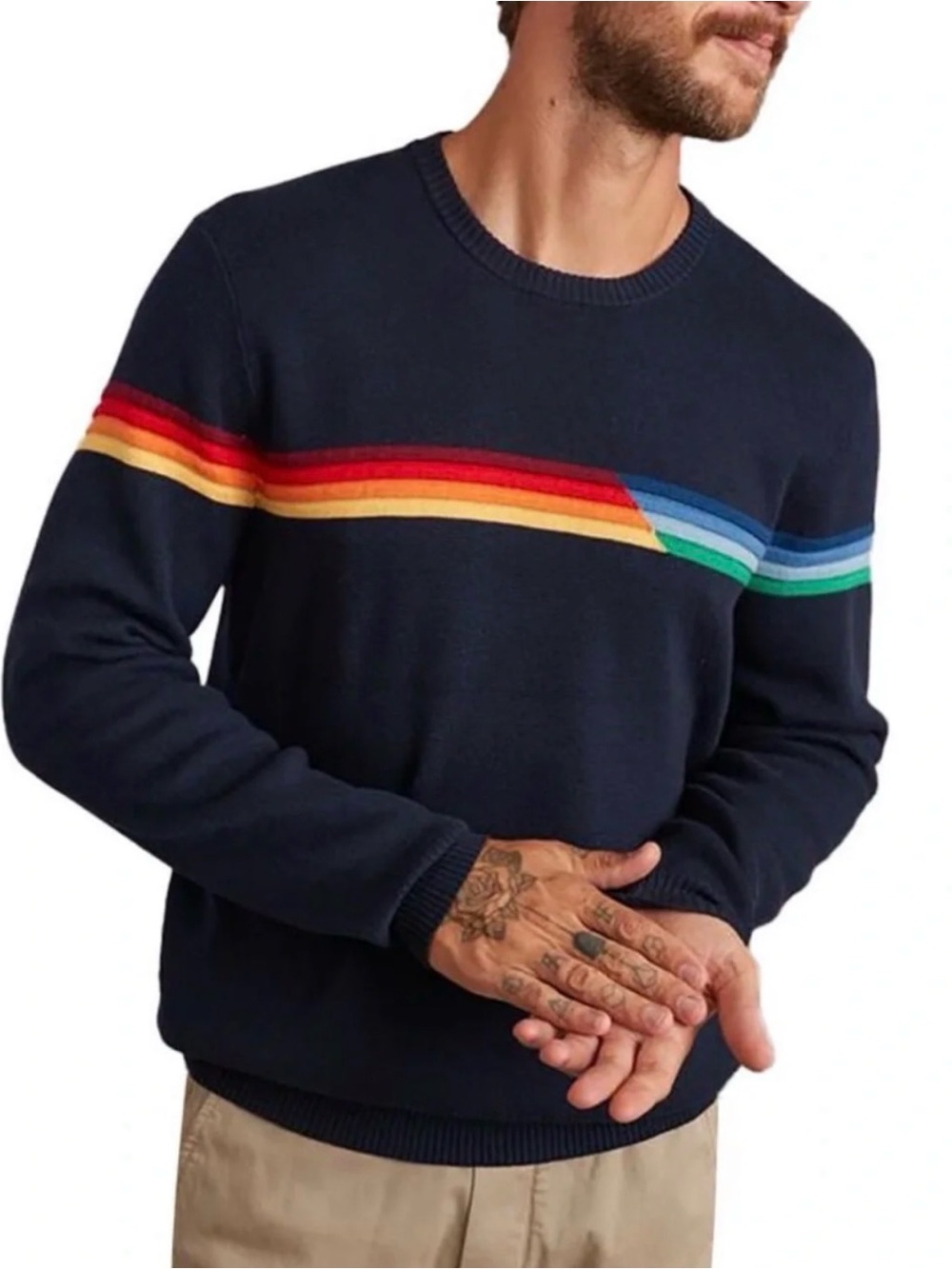 Marine Layer Navy Crewneck Sweater with Rainbow Chest Stripe